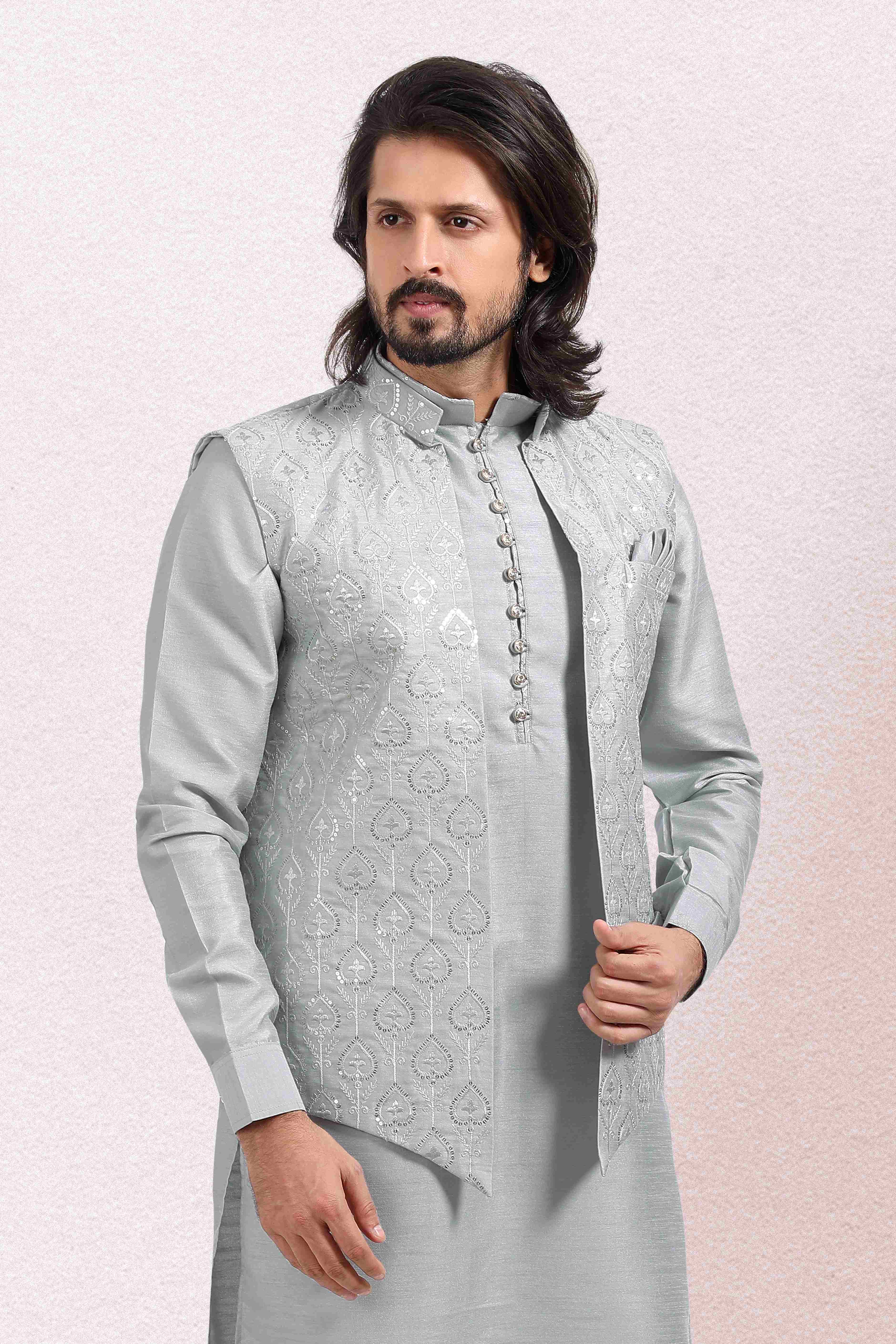 Raivat Ethnic Art Banarasi Silk Thread Work 3 Pics Jacket Set In Grey Colour