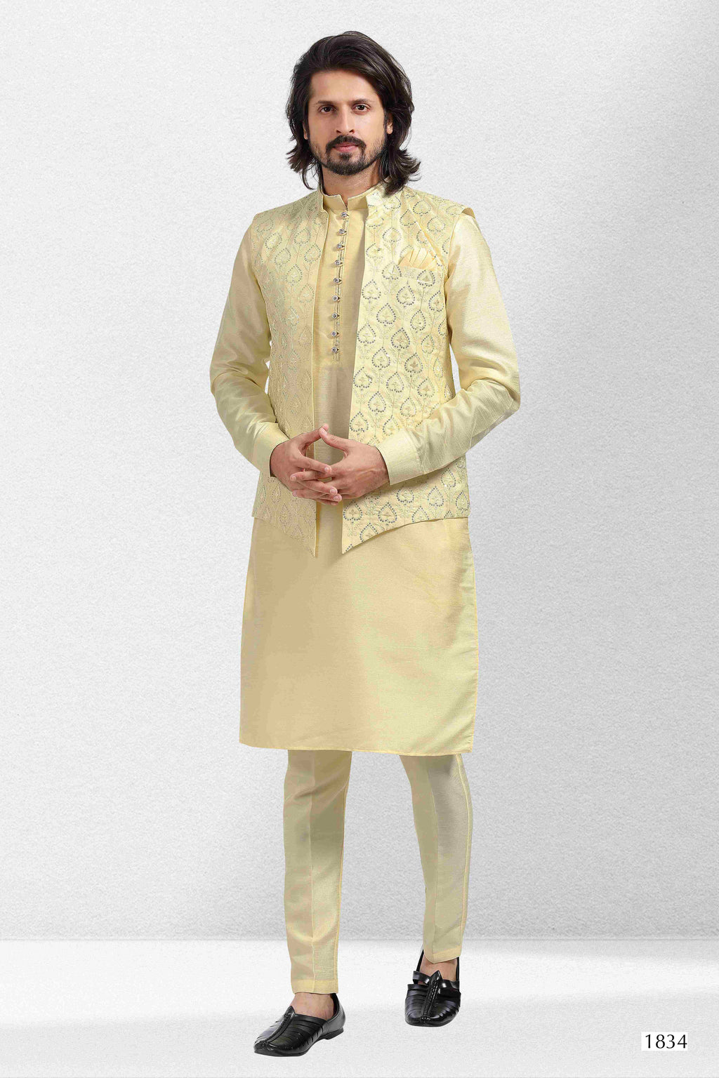 Raivat Ethnic Art Banarasi Silk Thread Work 3 Pics Jacket Set In Yellow Colour