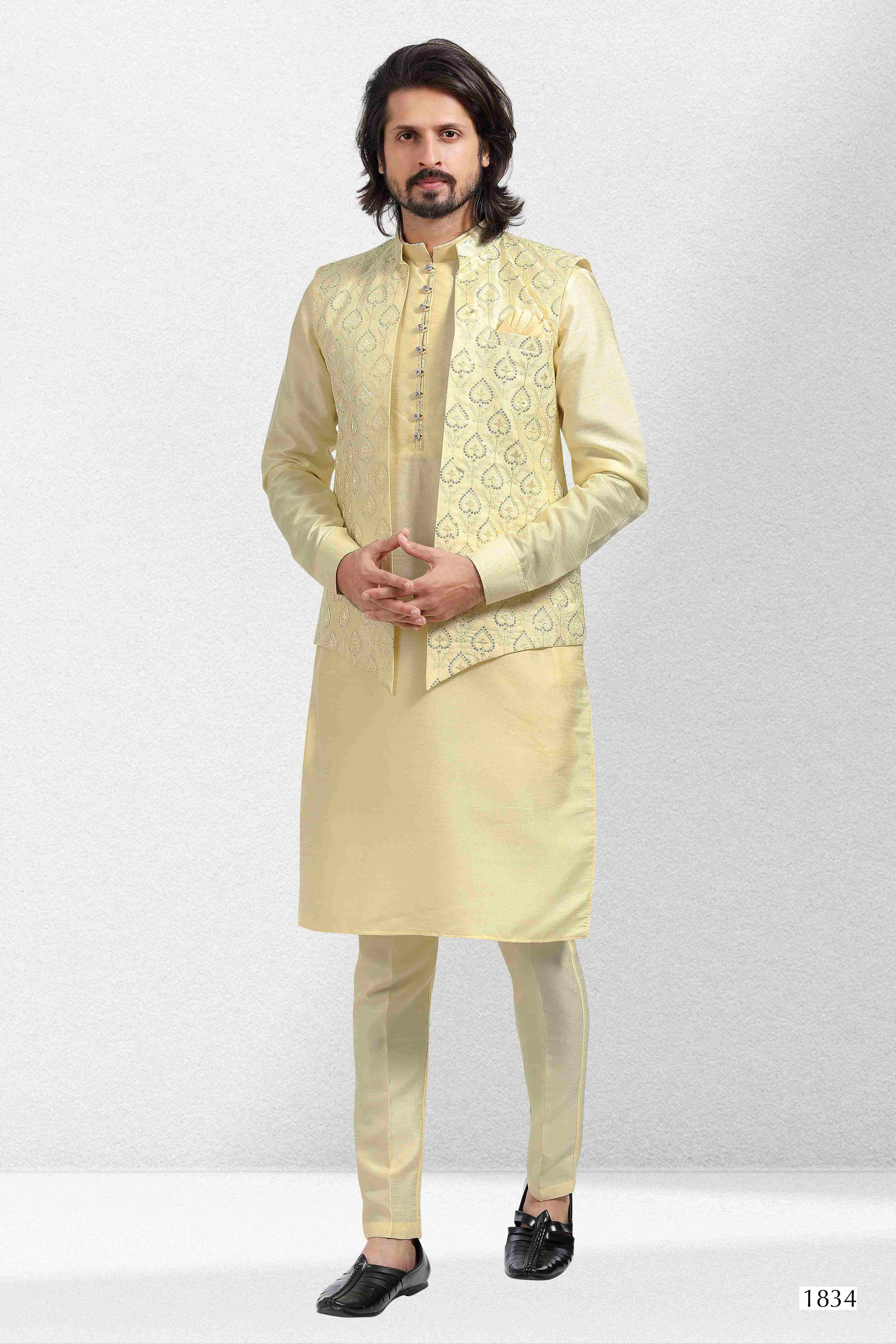 Raivat Ethnic Art Banarasi Silk Thread Work 3 Pics Jacket Set In Yellow Colour