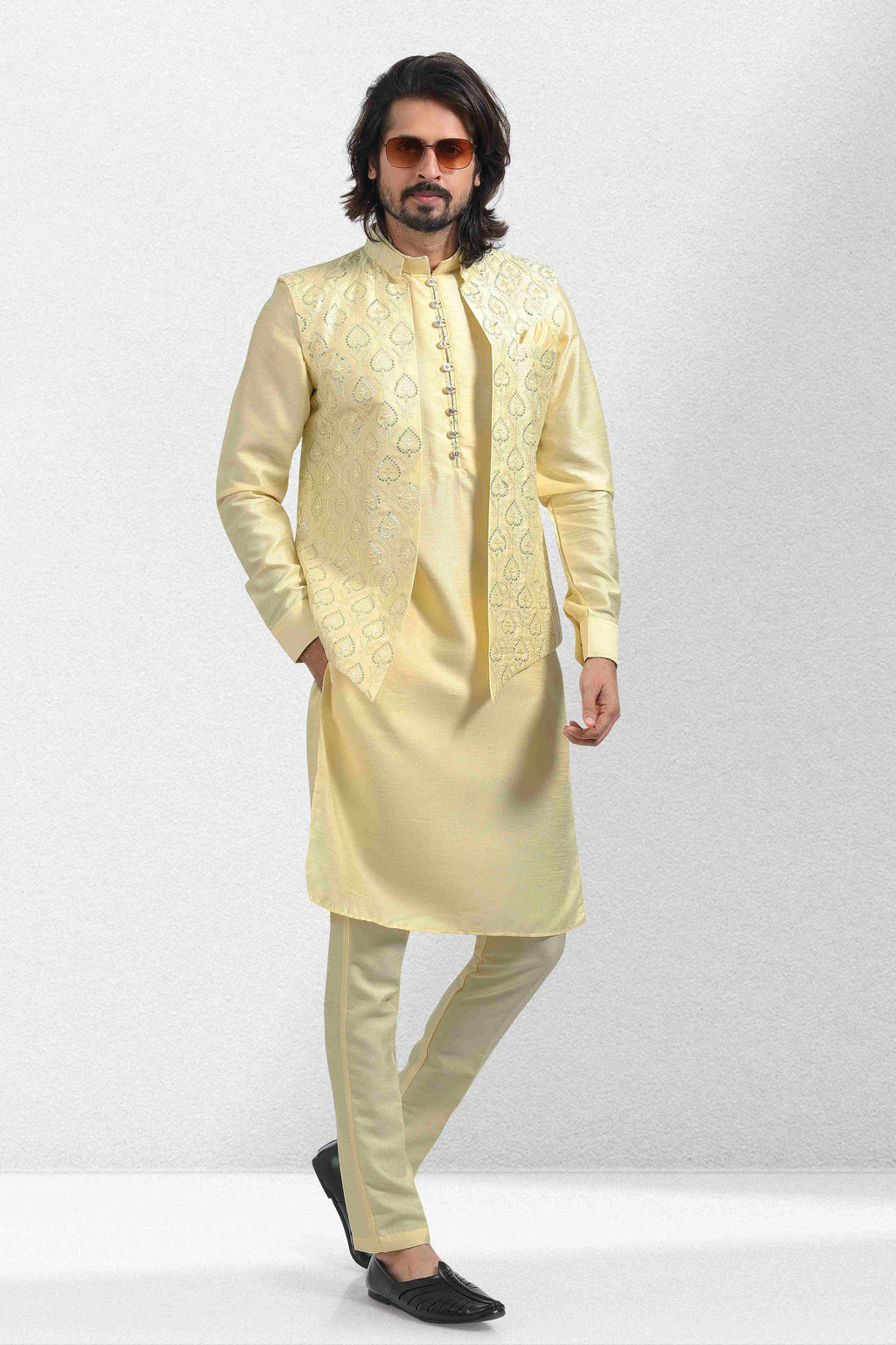 Raivat Ethnic Art Banarasi Silk Thread Work 3 Pics Jacket Set In Yellow Colour