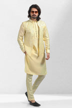 Raivat Ethnic Art Banarasi Silk Thread Work 3 Pics Jacket Set In Yellow Colour