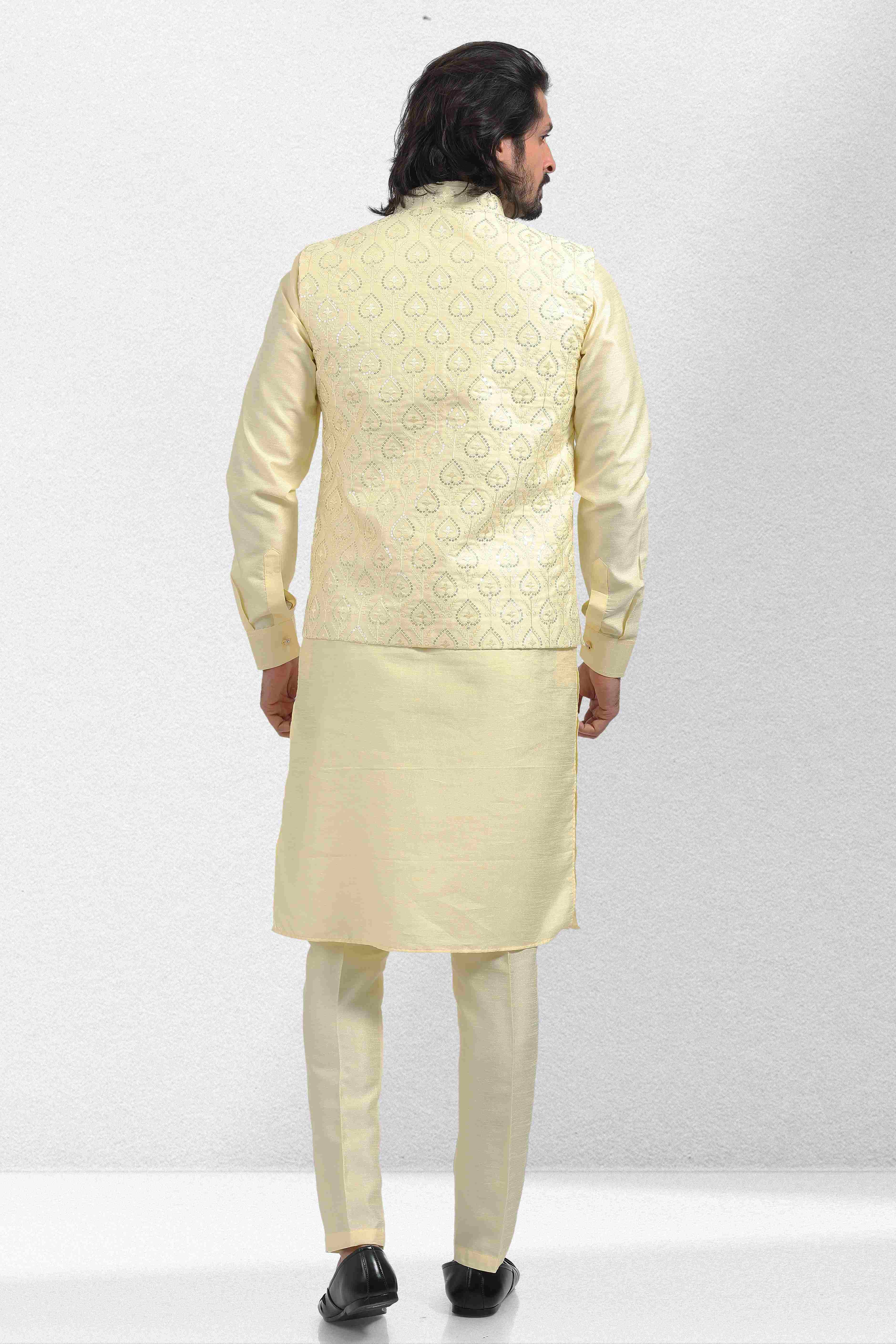 Raivat Ethnic Art Banarasi Silk Thread Work 3 Pics Jacket Set In Yellow Colour