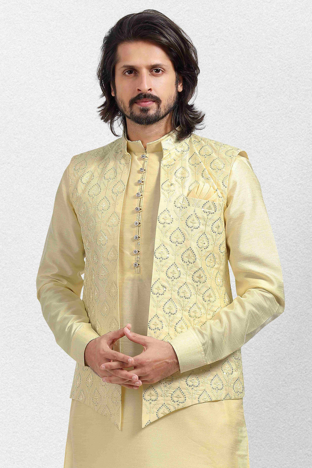 Raivat Ethnic Art Banarasi Silk Thread Work 3 Pics Jacket Set In Yellow Colour