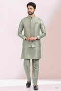 Raivat Ethnic Art Banarasi Silk Thread Work 3 Pics Jacket Set In Pista Green Colour