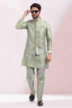 Raivat Ethnic Art Banarasi Silk Thread Work 3 Pics Jacket Set In Pista Green Colour