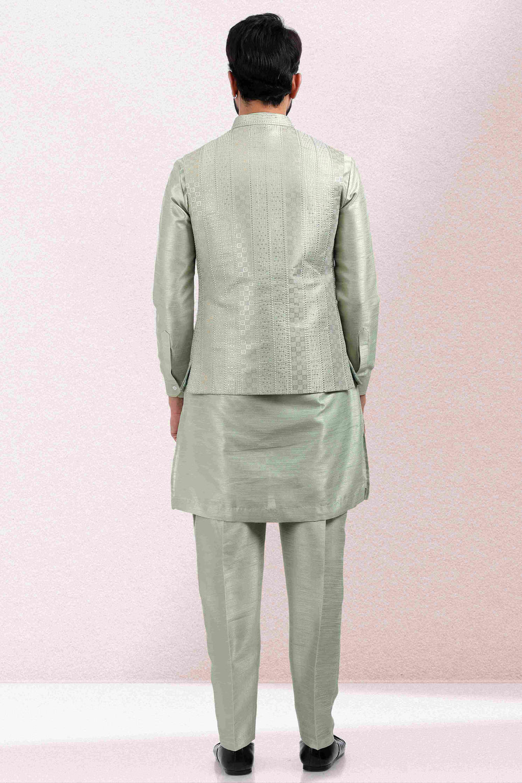 Raivat Ethnic Art Banarasi Silk Thread Work 3 Pics Jacket Set In Pista Green Colour