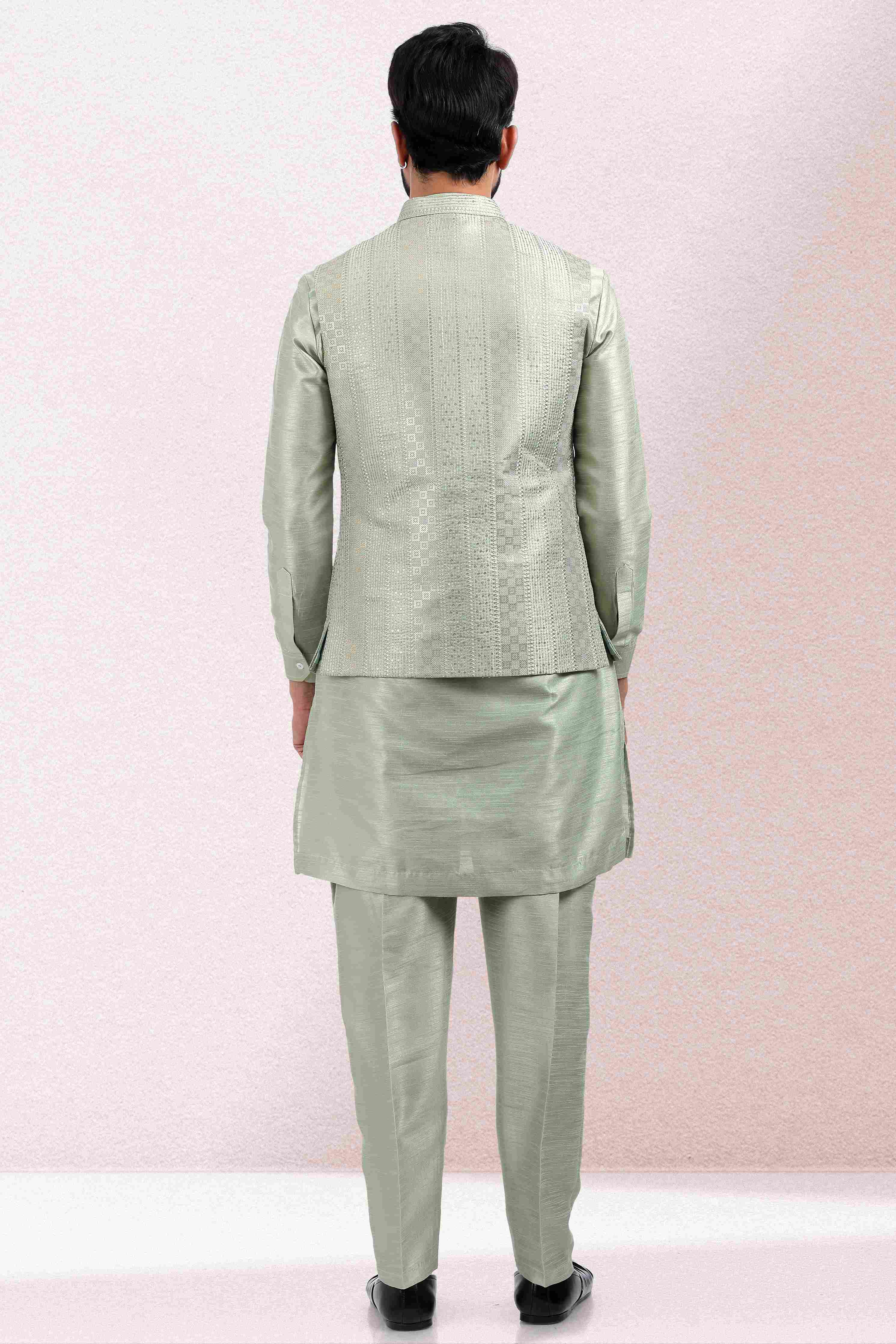 Raivat Ethnic Art Banarasi Silk Thread Work 3 Pics Jacket Set In Pista Green Colour