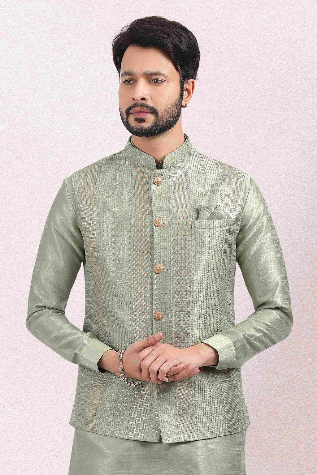 Raivat Ethnic Art Banarasi Silk Thread Work 3 Pics Jacket Set In Pista Green Colour
