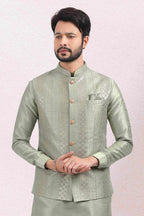 Raivat Ethnic Art Banarasi Silk Thread Work 3 Pics Jacket Set In Pista Green Colour