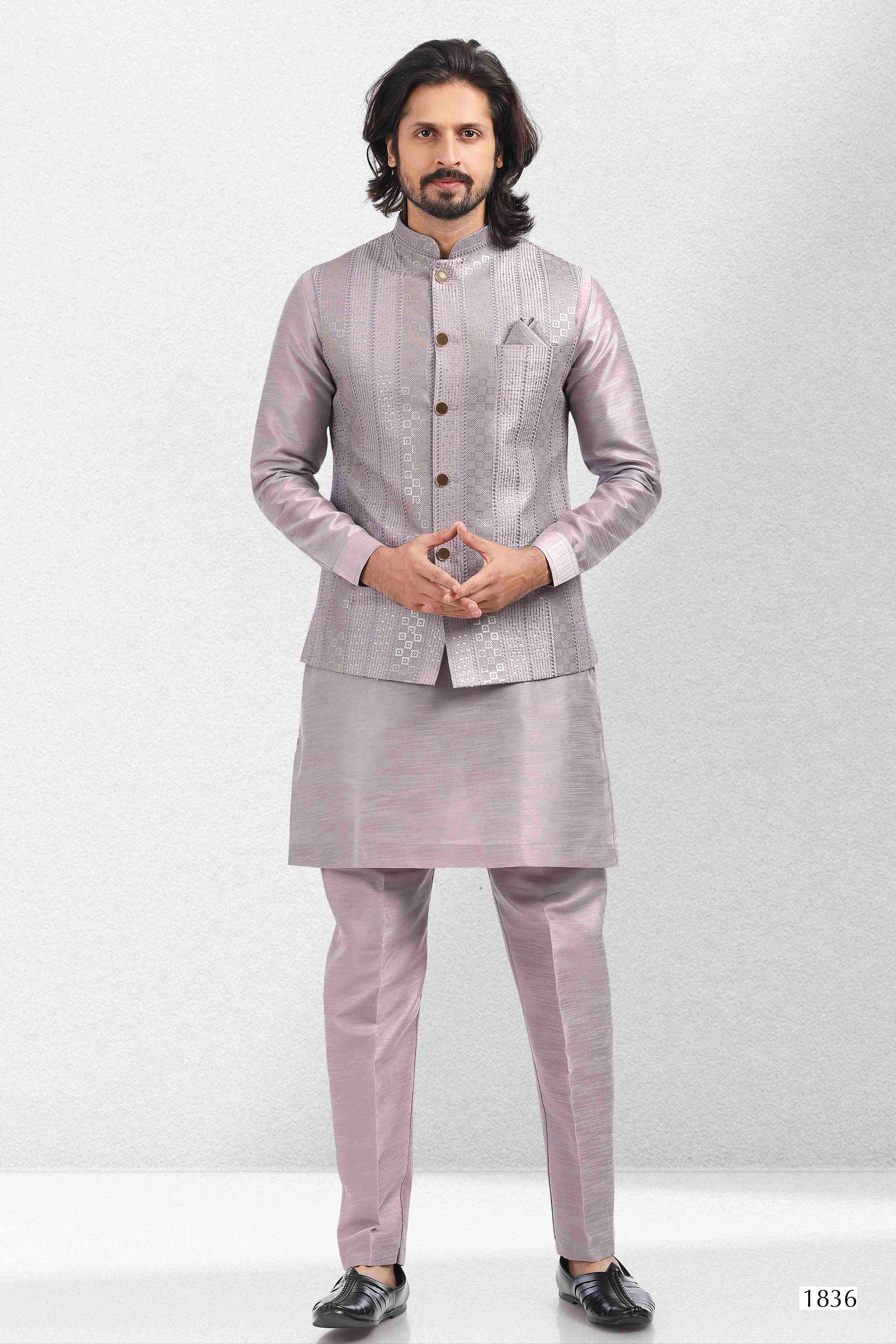 Raivat Ethnic Art Banarasi Silk Thread Work 3 Pics Jacket Set In Light Purple Colour