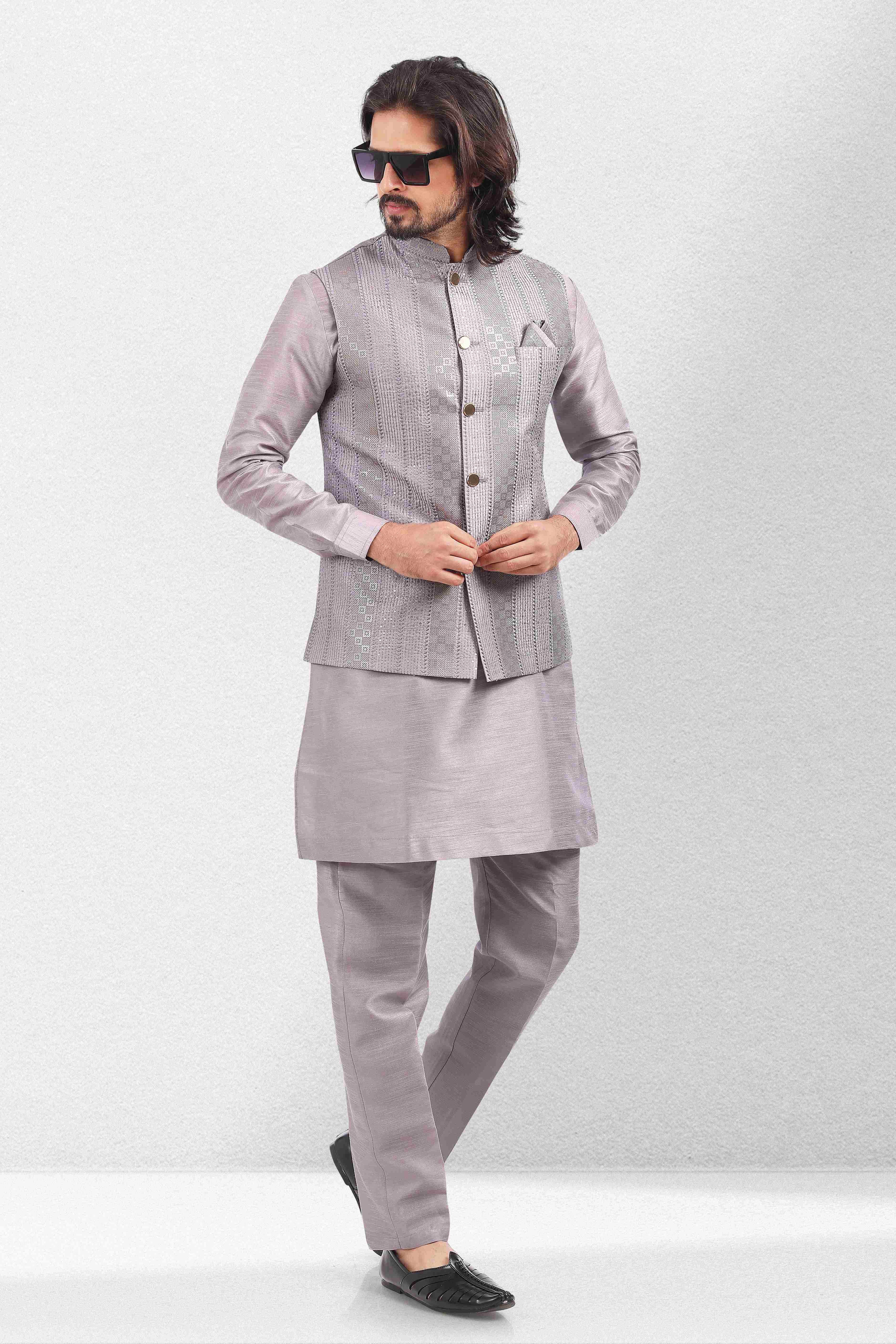 Raivat Ethnic Art Banarasi Silk Thread Work 3 Pics Jacket Set In Light Purple Colour