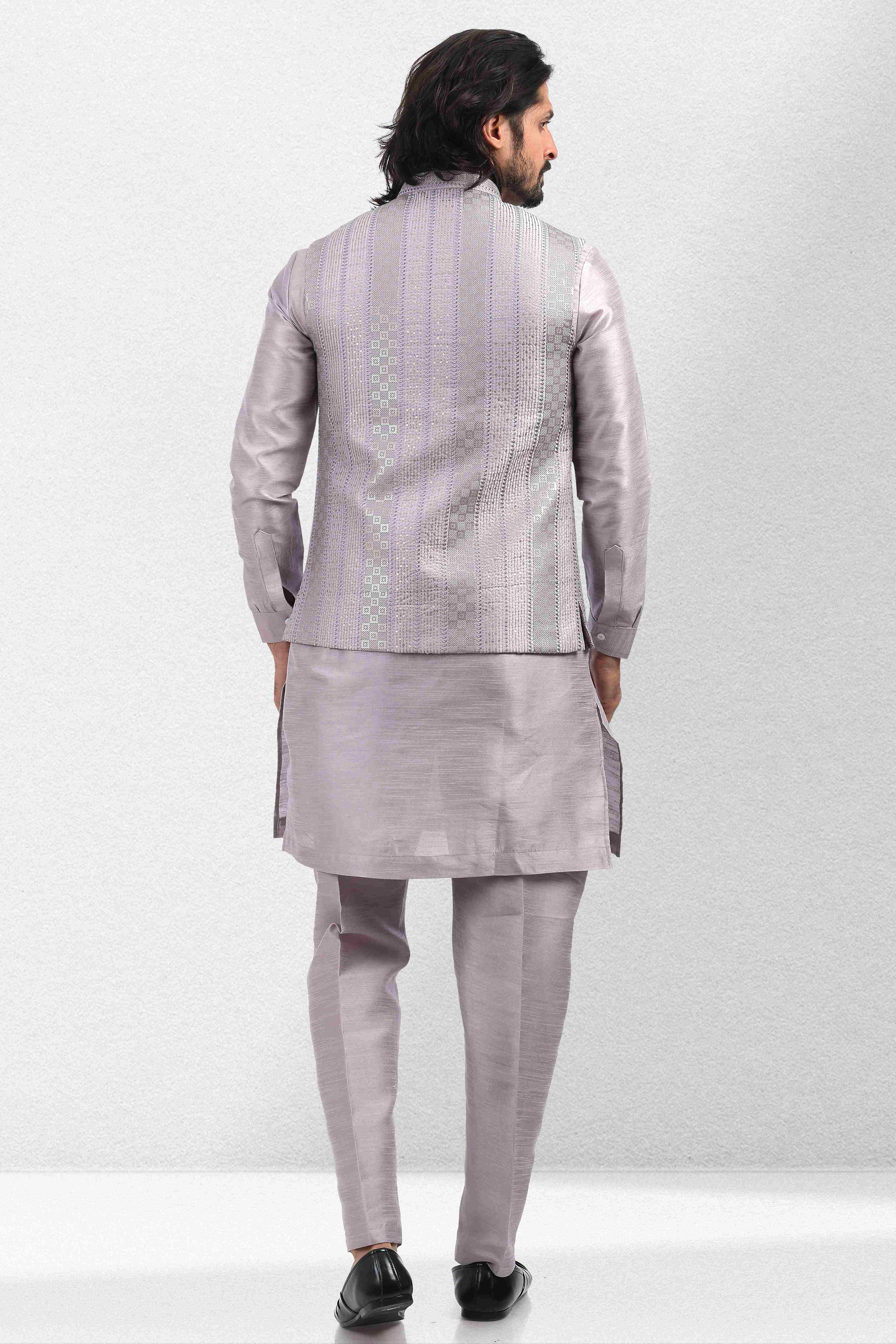 Raivat Ethnic Art Banarasi Silk Thread Work 3 Pics Jacket Set In Light Purple Colour