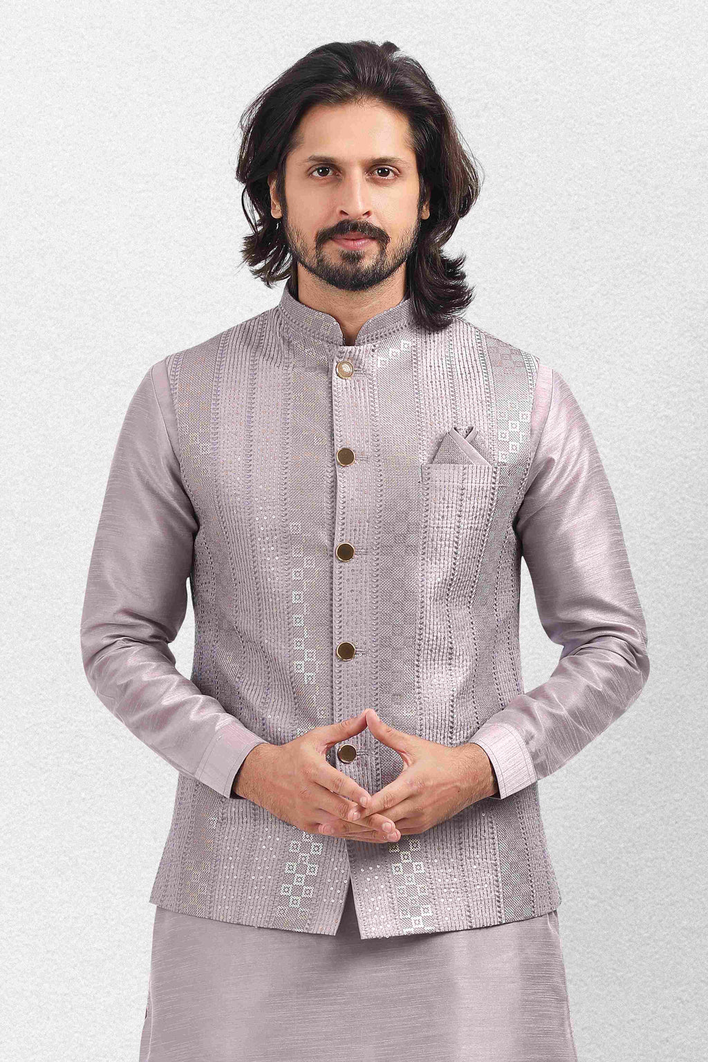 Raivat Ethnic Art Banarasi Silk Thread Work 3 Pics Jacket Set In Light Purple Colour