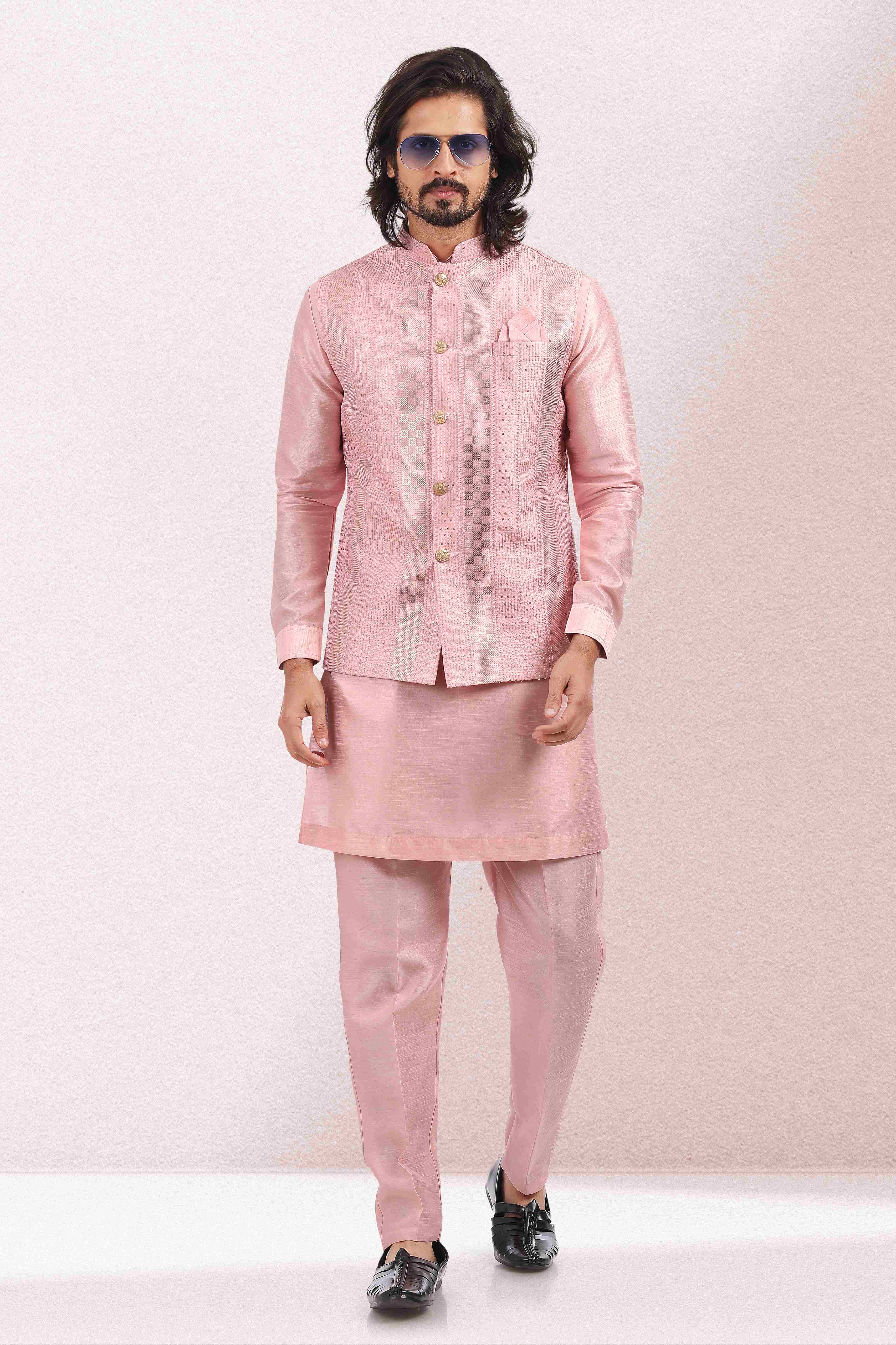 Raivat Ethnic Art Banarasi Silk Thread Work 3 Pics Jacket Set In Pink Colour
