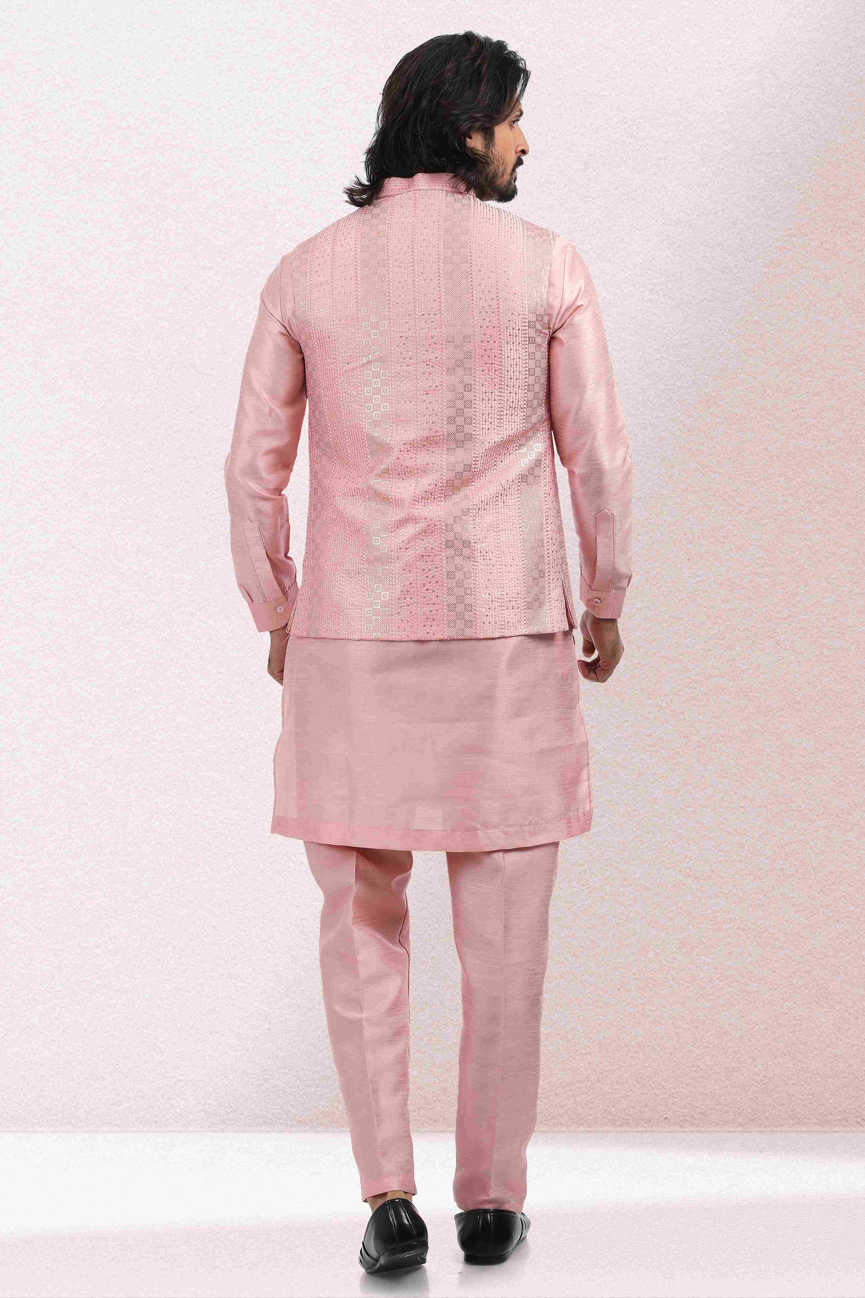 Raivat Ethnic Art Banarasi Silk Thread Work 3 Pics Jacket Set In Pink Colour