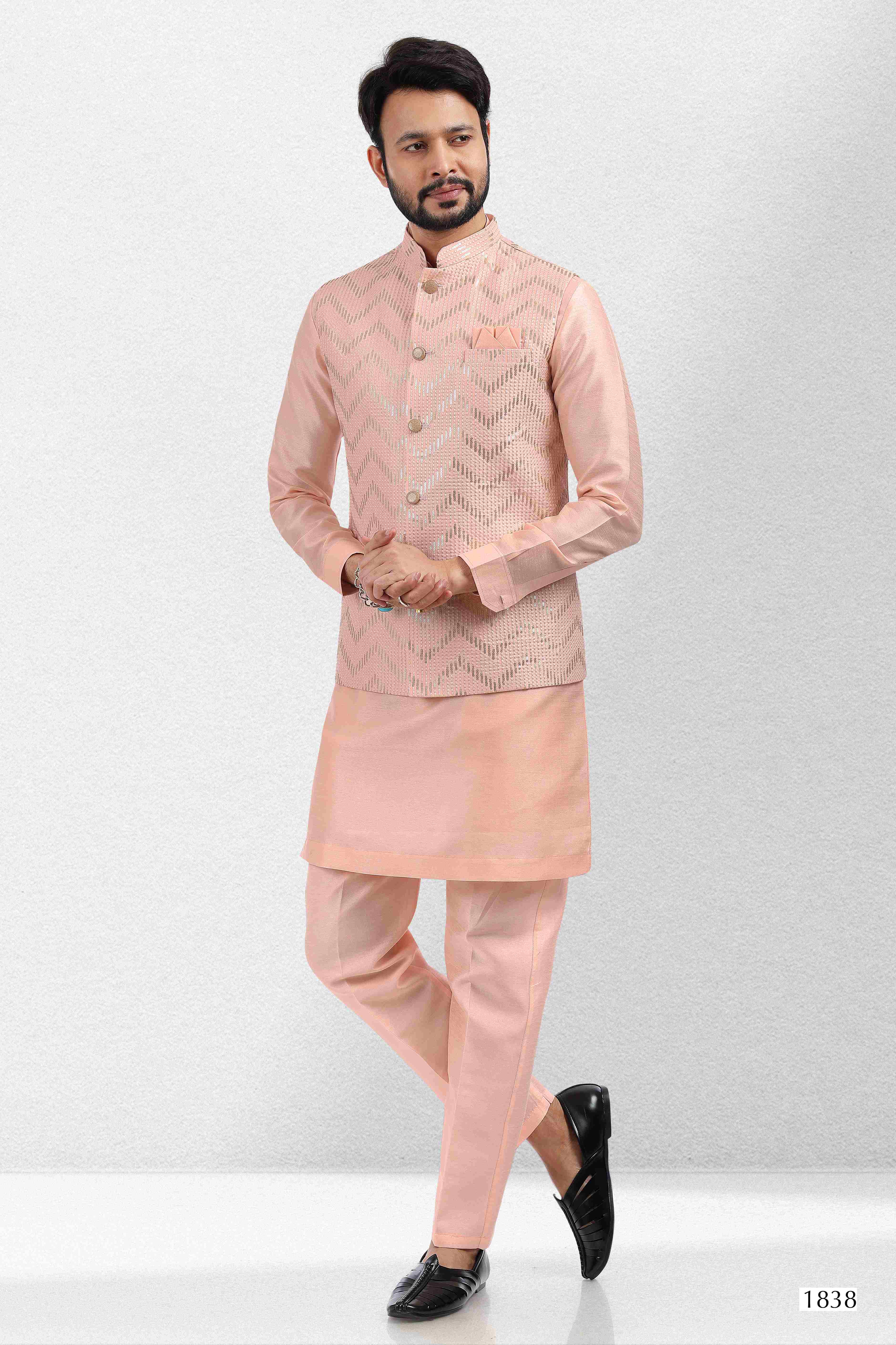 Raivat Ethnic Art Banarasi Silk Thread Work 3 Pics Jacket Set In Peach Colour