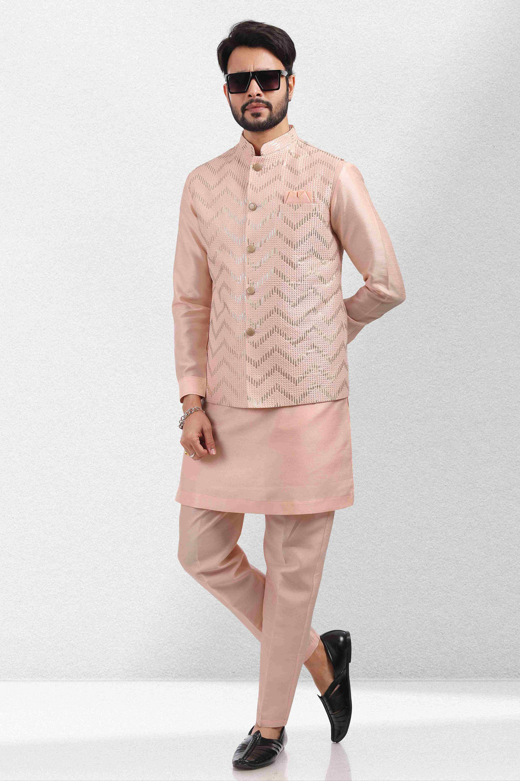 Raivat Ethnic Art Banarasi Silk Thread Work 3 Pics Jacket Set In Peach Colour
