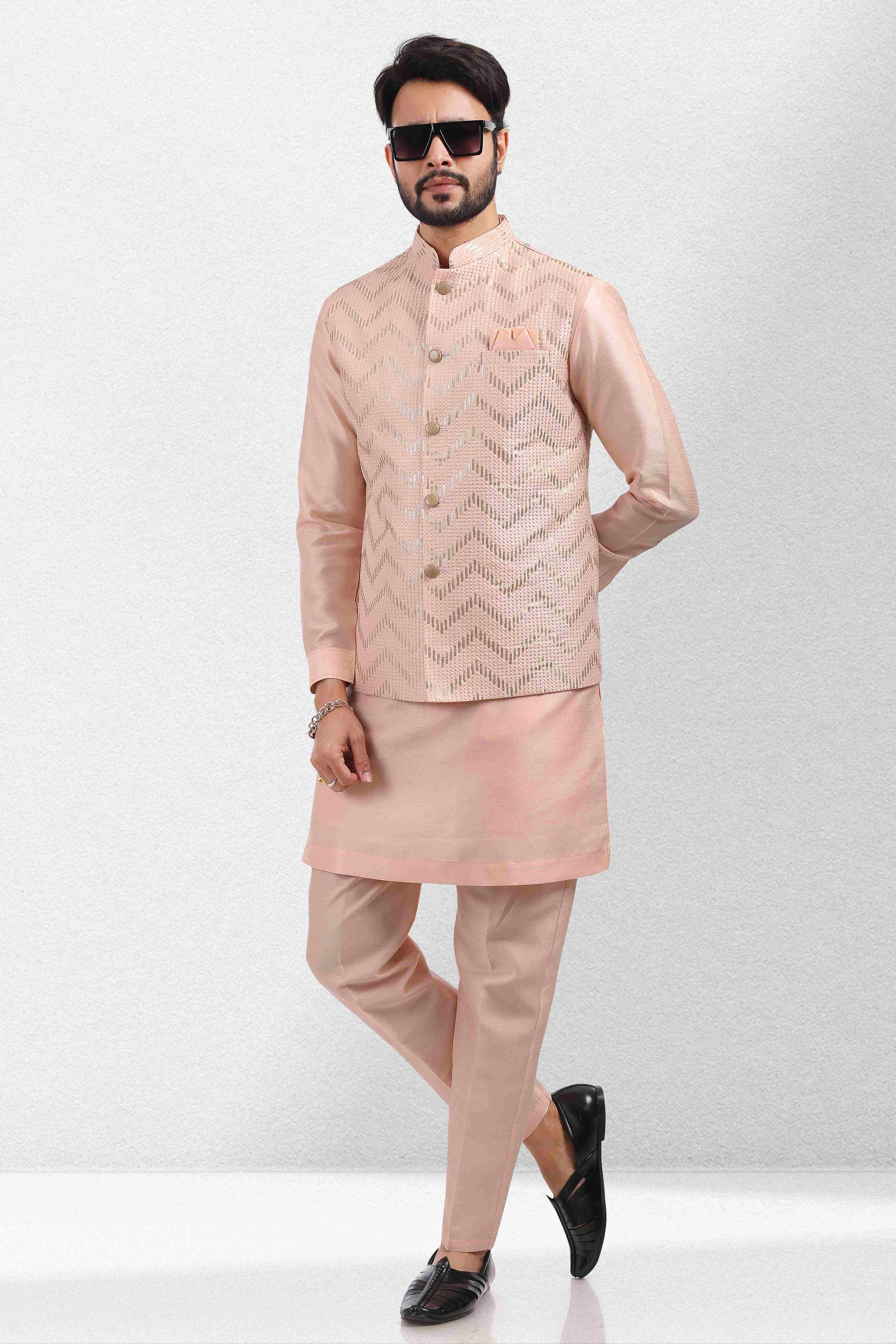 Raivat Ethnic Art Banarasi Silk Thread Work 3 Pics Jacket Set In Peach Colour