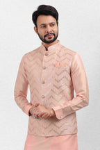 Raivat Ethnic Art Banarasi Silk Thread Work 3 Pics Jacket Set In Peach Colour
