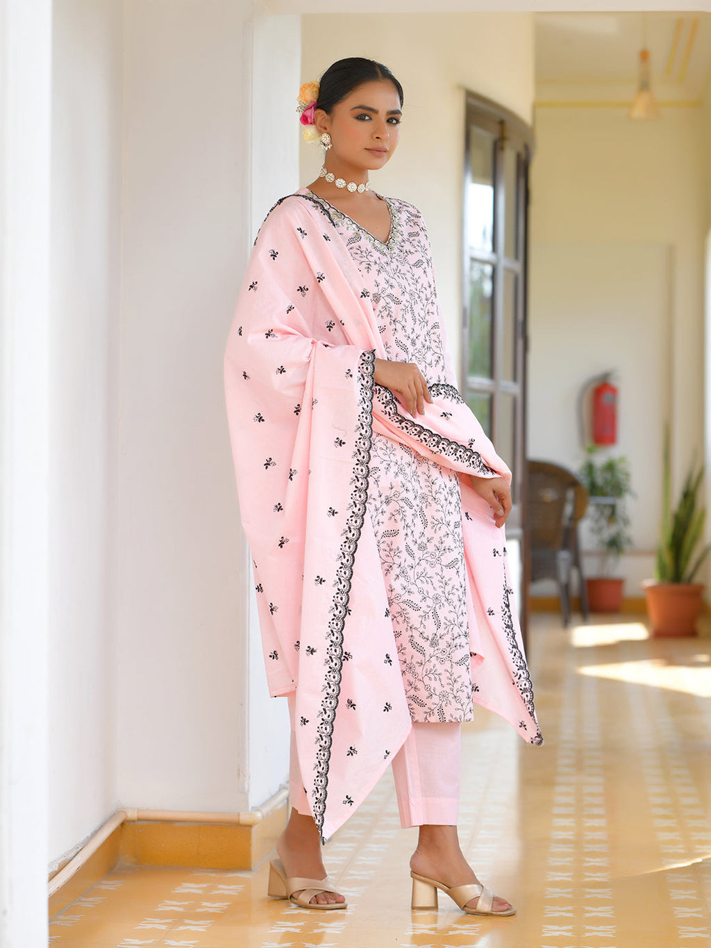 Vaasva Women's Cotton Solid Candy Embroidered Suit Set