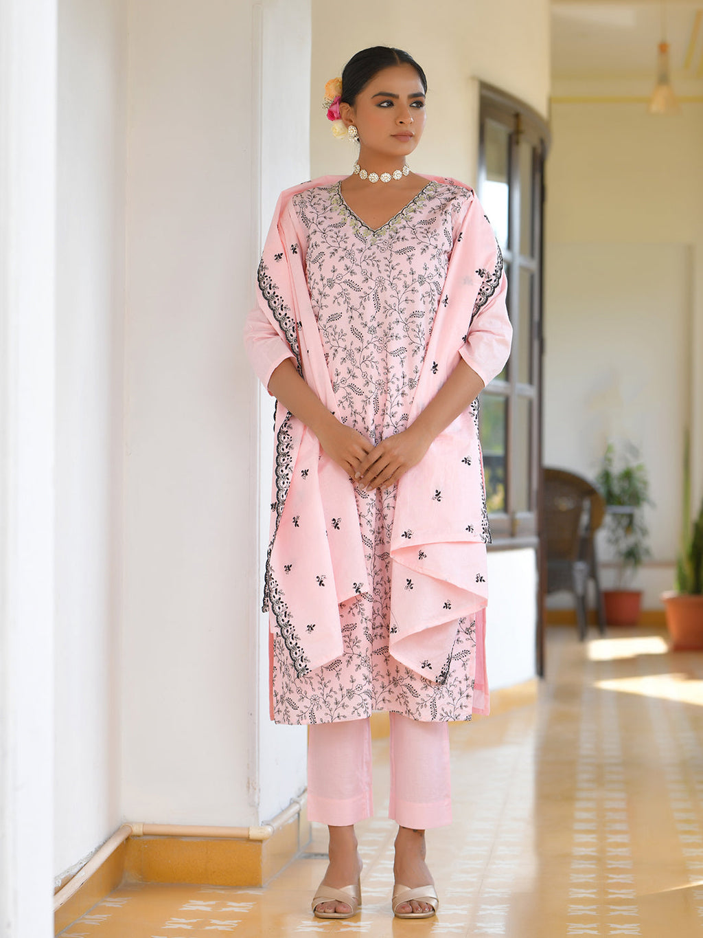 Vaasva Women's Cotton Solid Candy Embroidered Suit Set