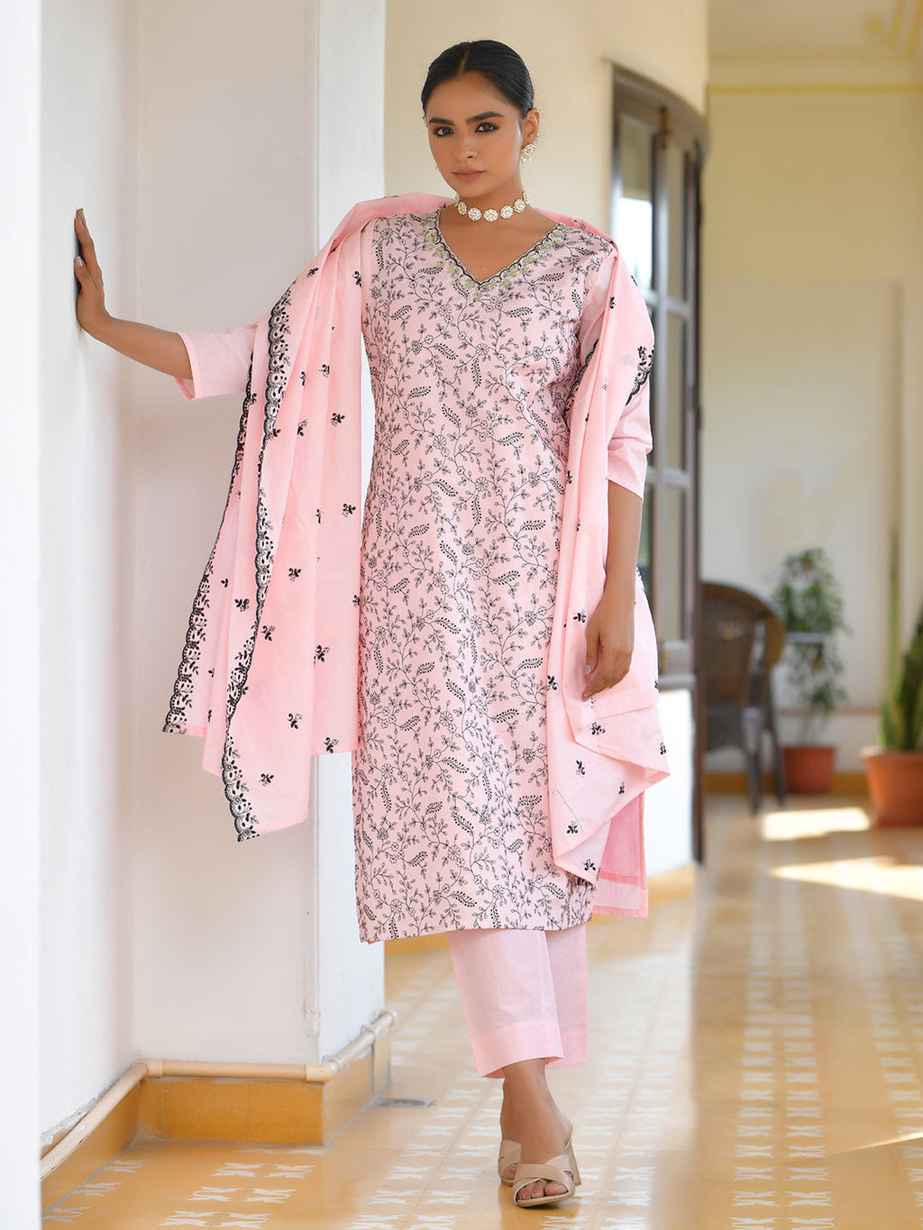 Vaasva Women's Cotton Solid Candy Embroidered Suit Set