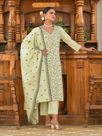 Vaasva Women's Cotton Solid Pista Embroidered Suit Set