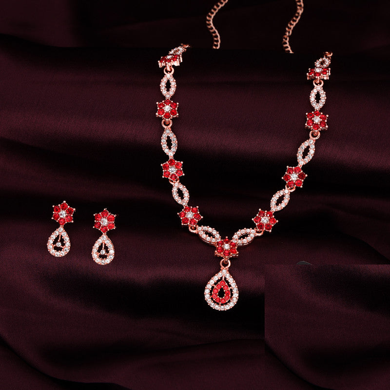 Tehzeeb Creations Elegant Red Polished American Diamond (Ad) Studded Necklace And Earring Set For Women