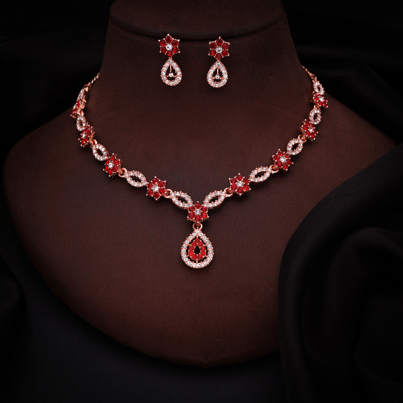 Tehzeeb Creations Elegant Red Polished American Diamond (Ad) Studded Necklace And Earring Set For Women