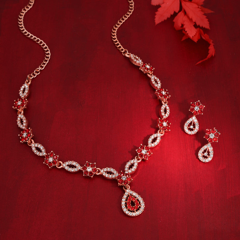 Tehzeeb Creations Elegant Red Polished American Diamond (Ad) Studded Necklace And Earring Set For Women