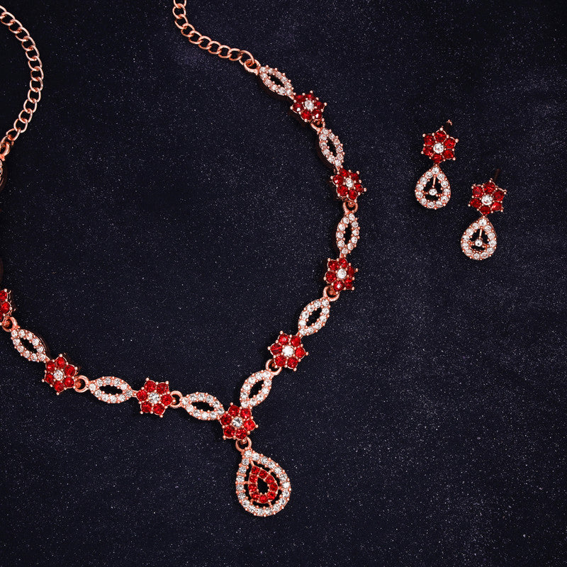 Tehzeeb Creations Elegant Red Polished American Diamond (Ad) Studded Necklace And Earring Set For Women