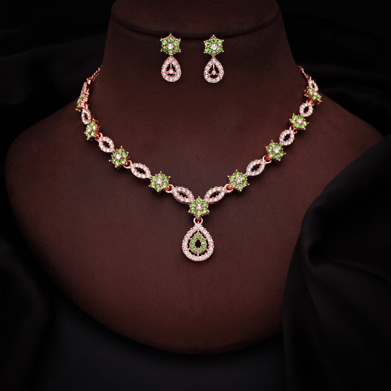 Tehzeeb Creations Elegant Sea Green Polished American Diamond (Ad) Studded Necklace And Earring Set For Women