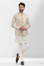 Raivat Ethnic Art Banarasi Silk Thread Work 3 Pics Jacket Set In Cream Colour