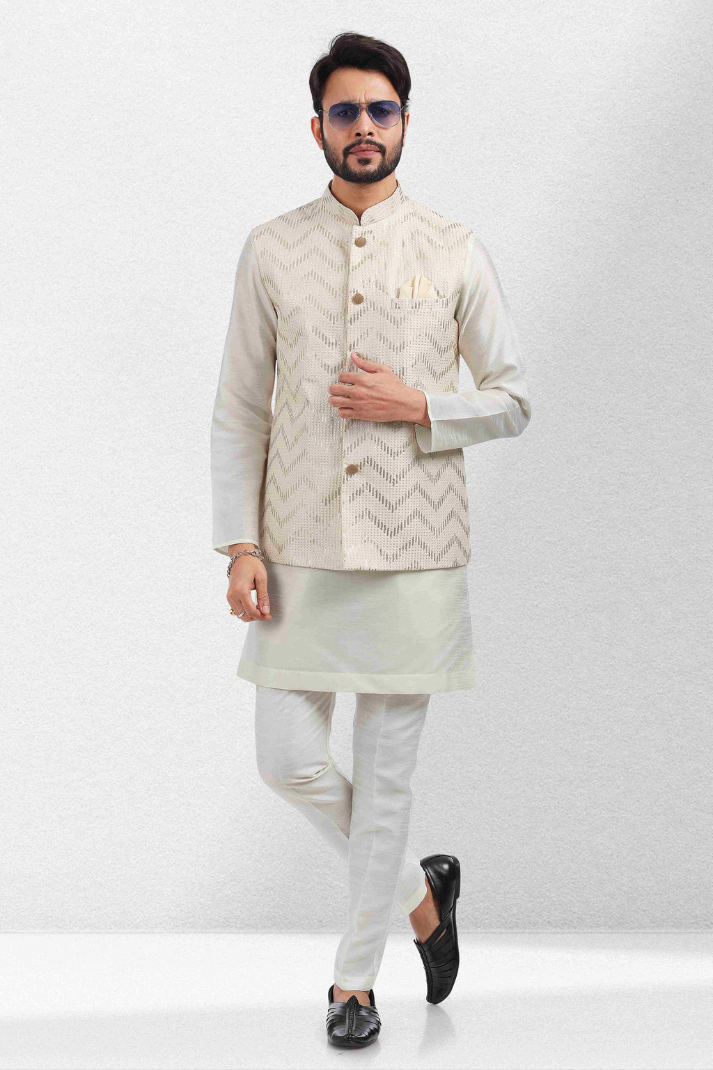 Raivat Ethnic Art Banarasi Silk Thread Work 3 Pics Jacket Set In Cream Colour