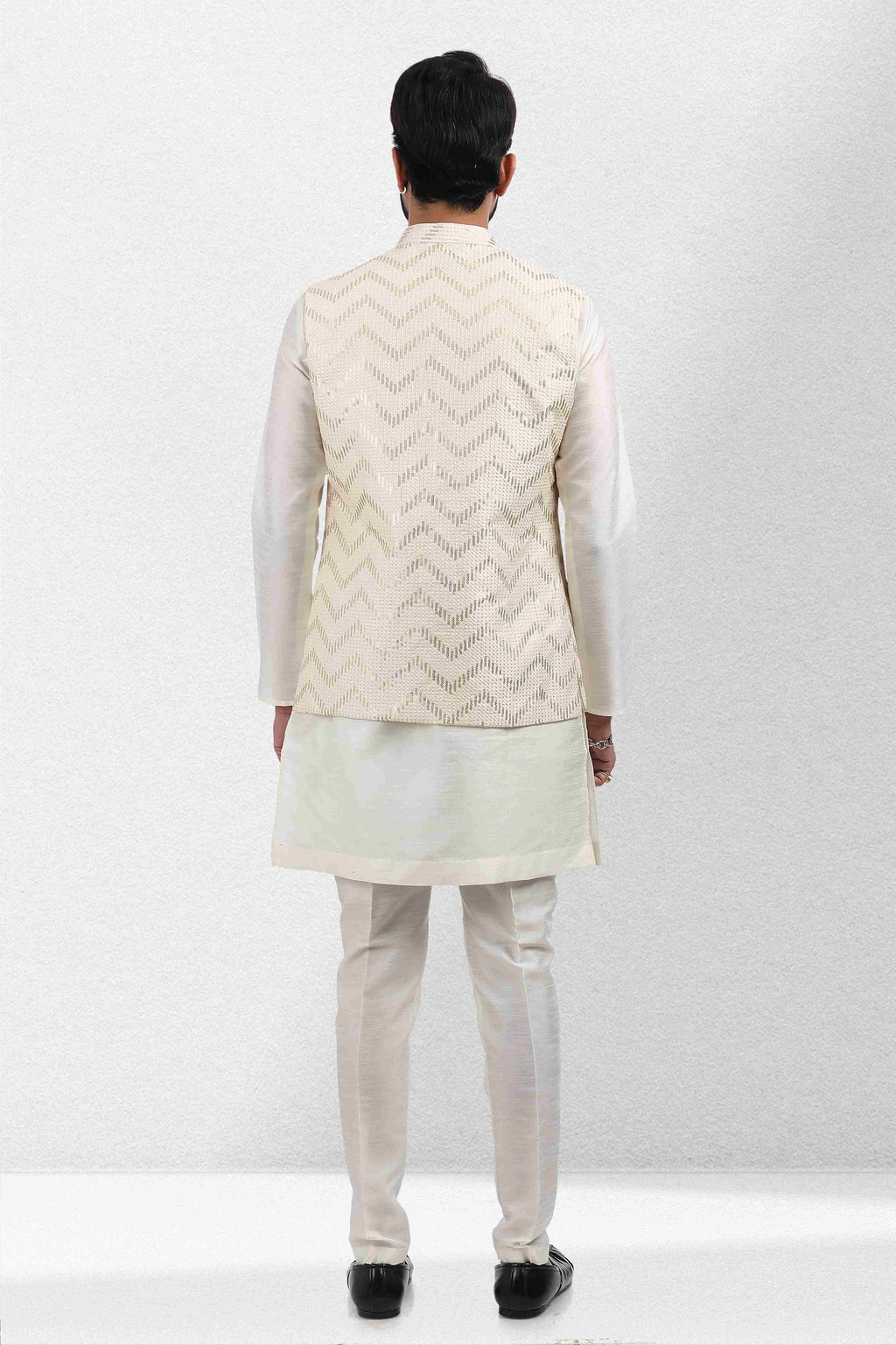 Raivat Ethnic Art Banarasi Silk Thread Work 3 Pics Jacket Set In Cream Colour