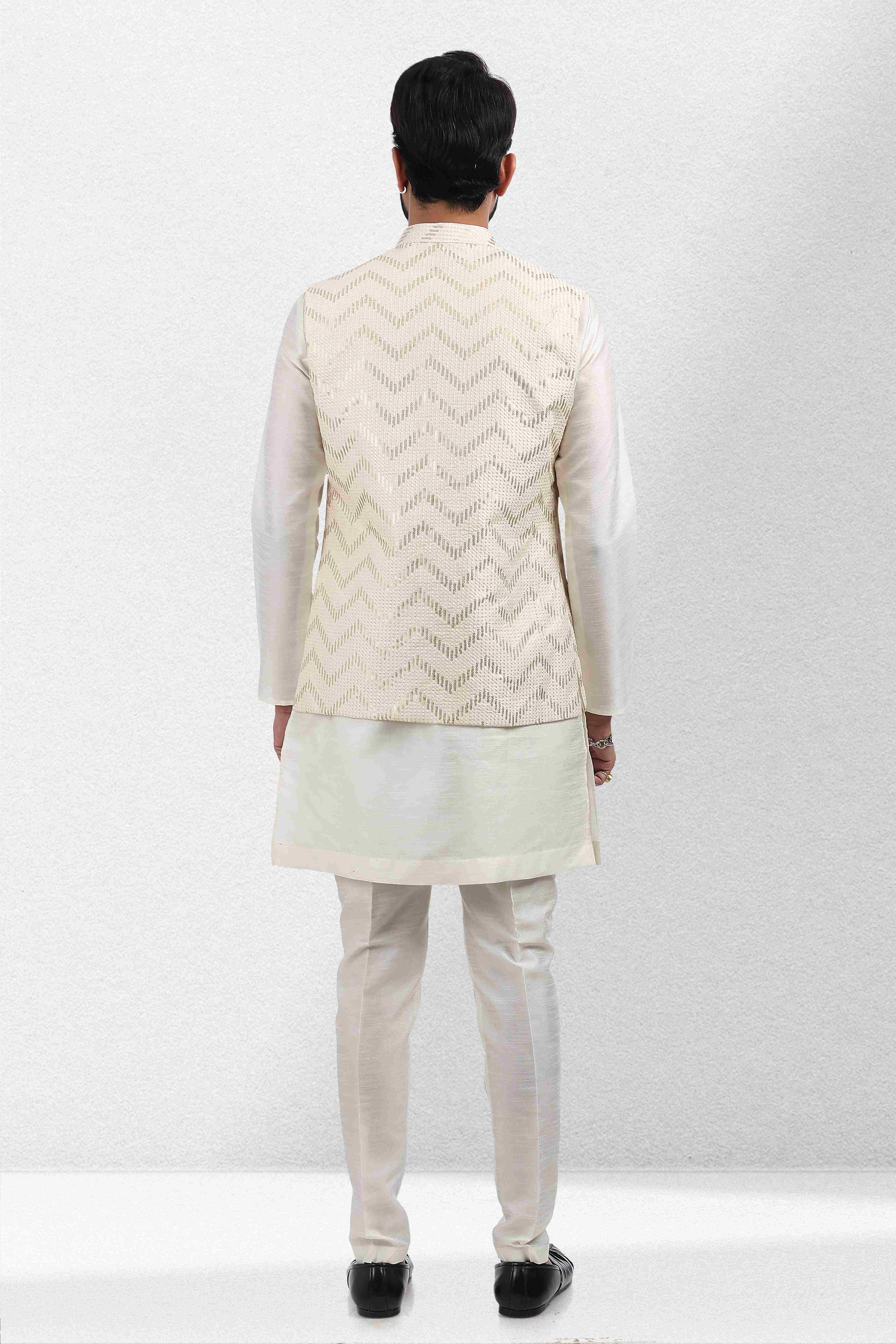 Raivat Ethnic Art Banarasi Silk Thread Work 3 Pics Jacket Set In Cream Colour