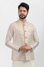 Raivat Ethnic Art Banarasi Silk Thread Work 3 Pics Jacket Set In Cream Colour
