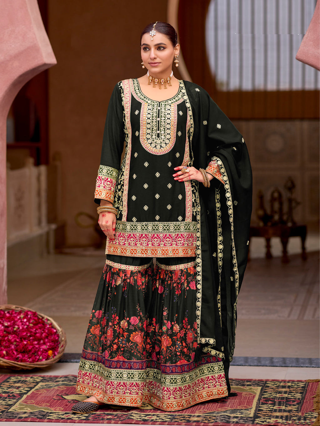 Evanik Black Chinon Silk with Codding Embroidery work with Digital Print Sharara Suit - Distacart