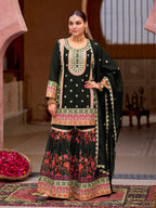 Evanik Black Chinon Silk with Codding Embroidery work with Digital Print Sharara Suit - Distacart