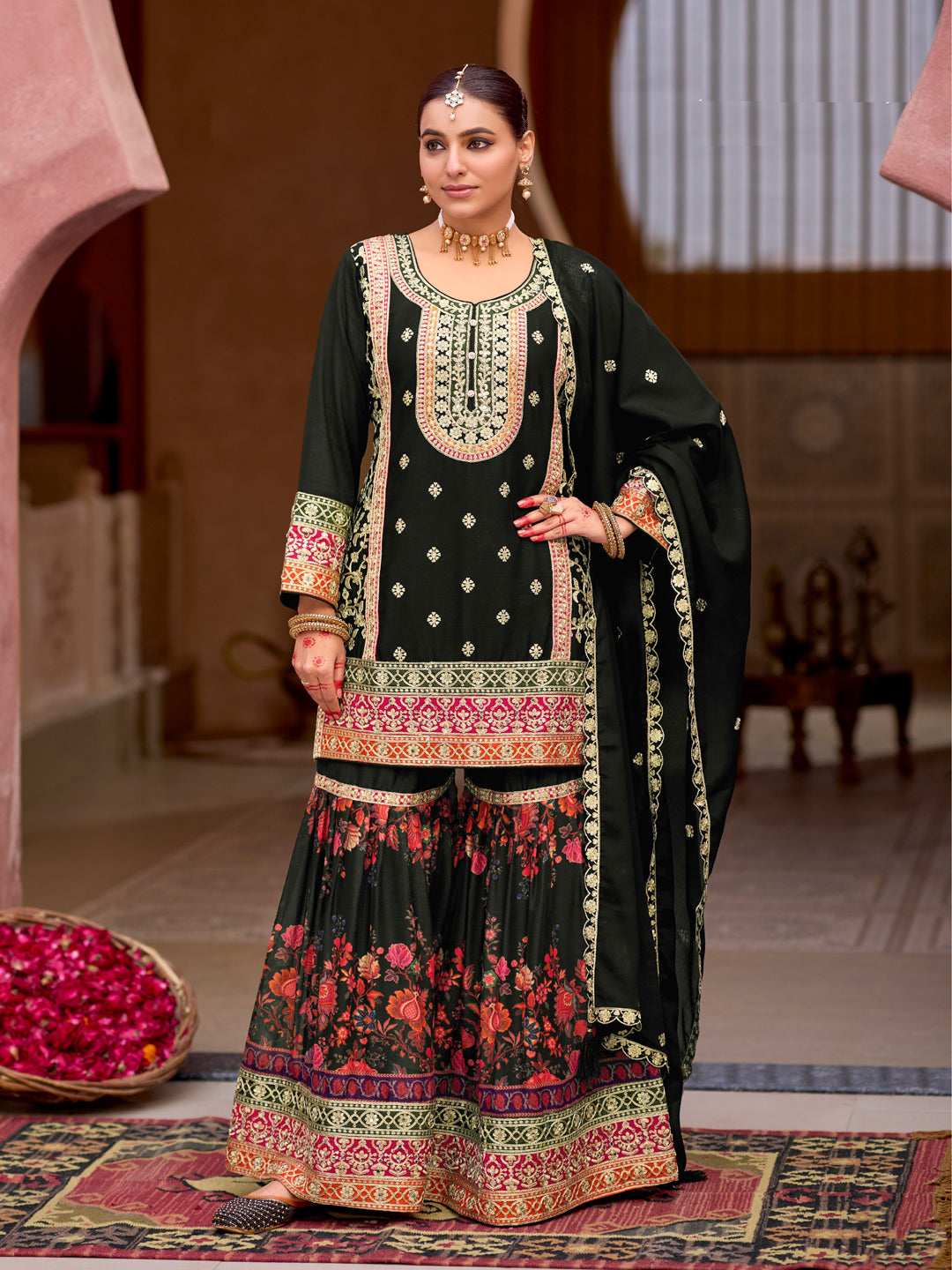 Evanik Black Chinon Silk with Codding Embroidery work with Digital Print Sharara Suit - Distacart