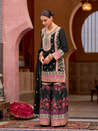 Evanik Black Chinon Silk with Codding Embroidery work with Digital Print Sharara Suit - Distacart