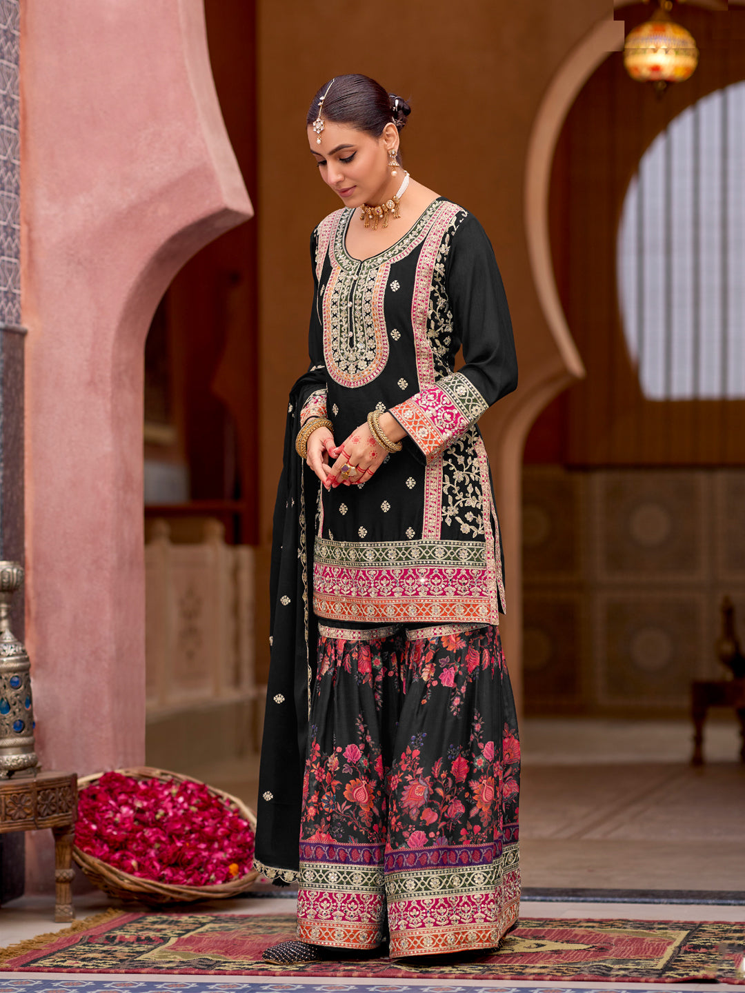 Evanik Black Chinon Silk with Codding Embroidery work with Digital Print Sharara Suit - Distacart
