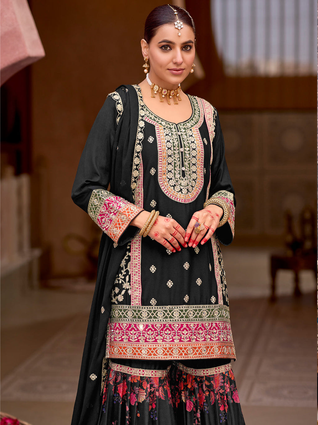 Evanik Black Chinon Silk with Codding Embroidery work with Digital Print Sharara Suit - Distacart