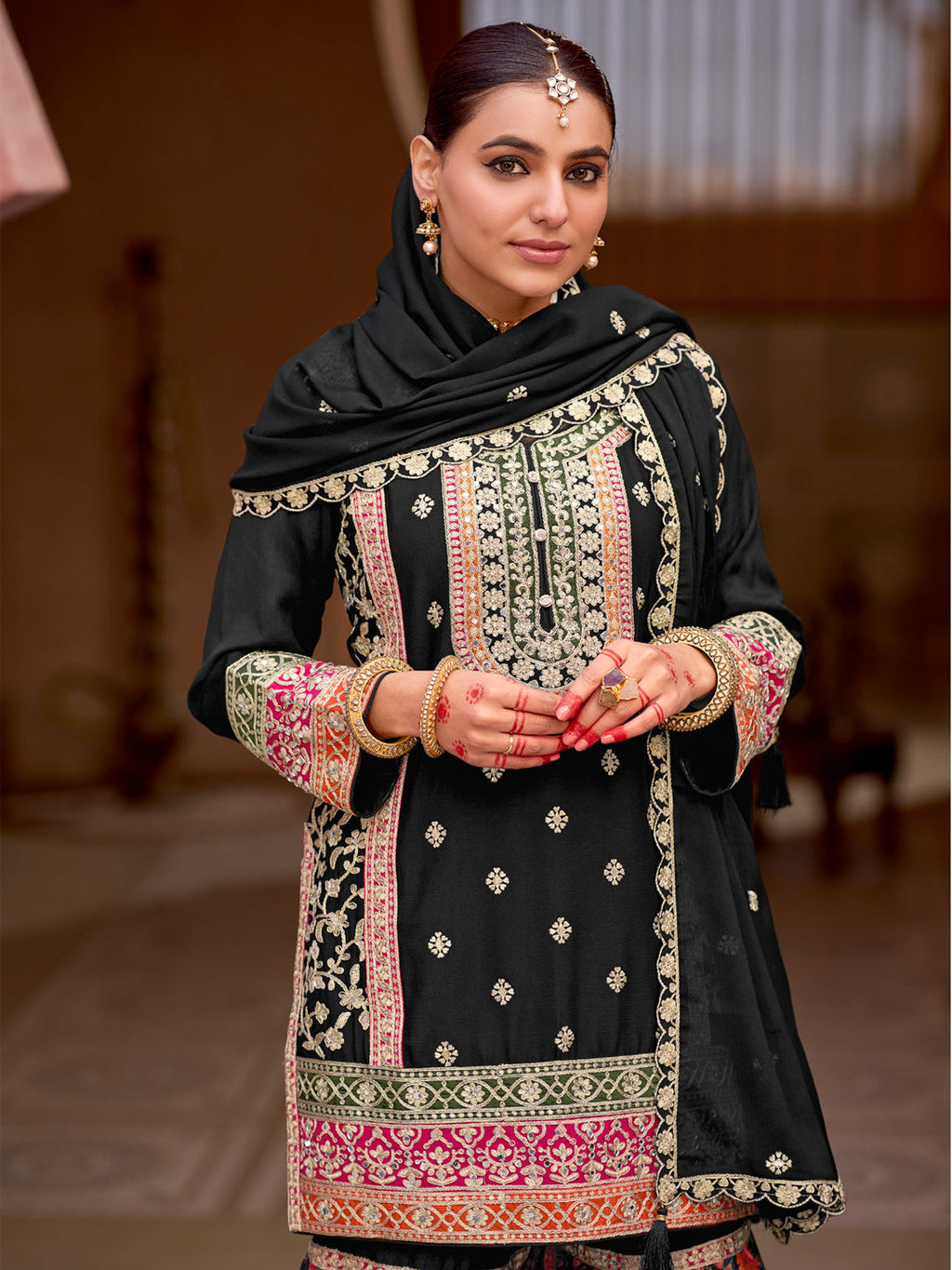 Evanik Black Chinon Silk with Codding Embroidery work with Digital Print Sharara Suit - Distacart