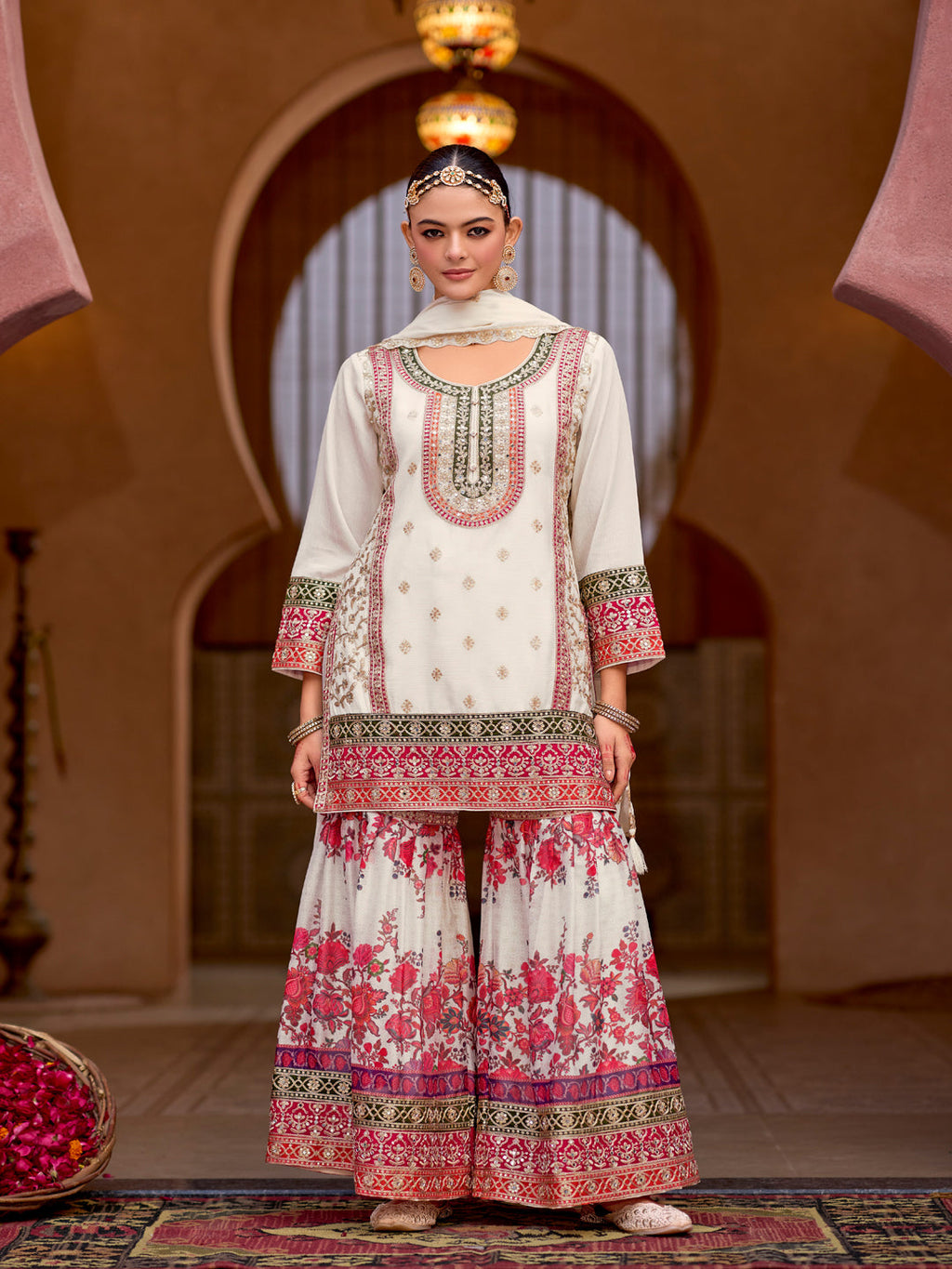 Evanik White Chinon Silk with Codding Embroidery work with Digital Print Sharara Suit - Distacart