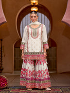 Evanik White Chinon Silk with Codding Embroidery work with Digital Print Sharara Suit - Distacart