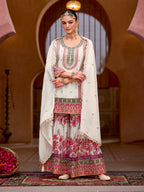 Evanik White Chinon Silk with Codding Embroidery work with Digital Print Sharara Suit - Distacart
