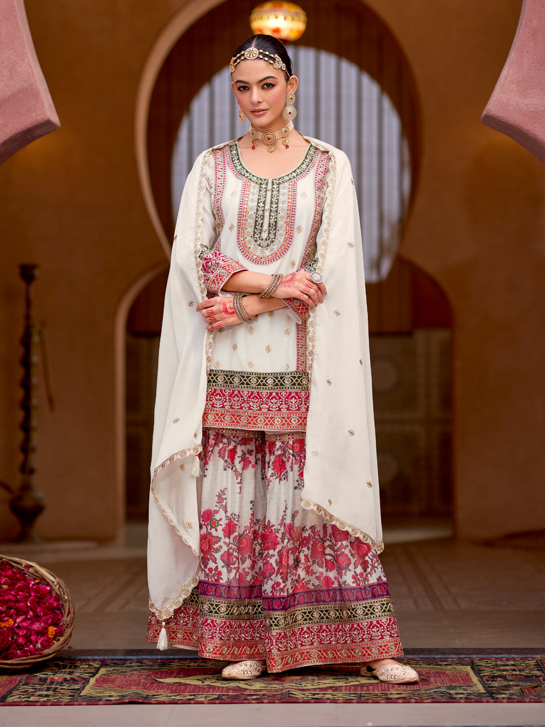 Evanik White Chinon Silk with Codding Embroidery work with Digital Print Sharara Suit - Distacart