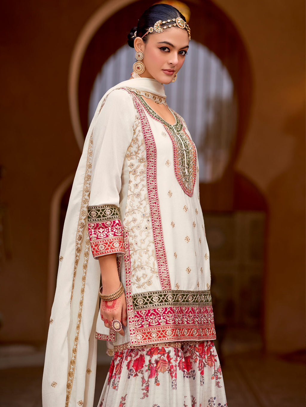 Evanik White Chinon Silk with Codding Embroidery work with Digital Print Sharara Suit - Distacart