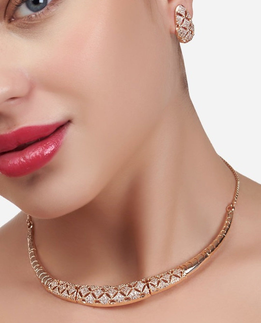 Jewel City Rose-Gold Plated White CZ-Studded Jewellery Set